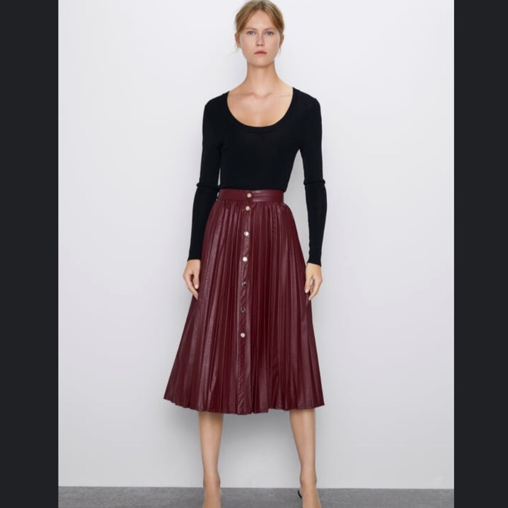 Zara vegan leather pleated midi skirt